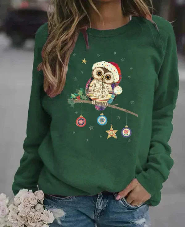 Women's Christmas sweatshirt relaxed fit soft cotton blend with charming owl motif festive cozy style