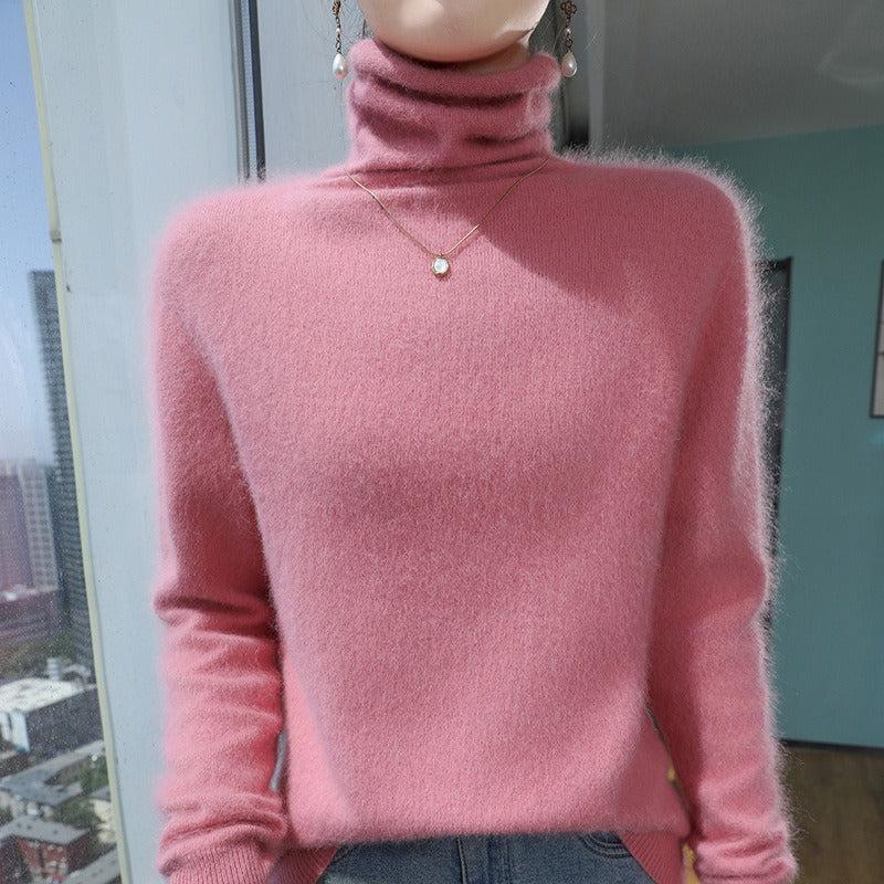 Women's wool blend turtleneck sweater, relaxed fit, plush pile collar, cozy autumn style