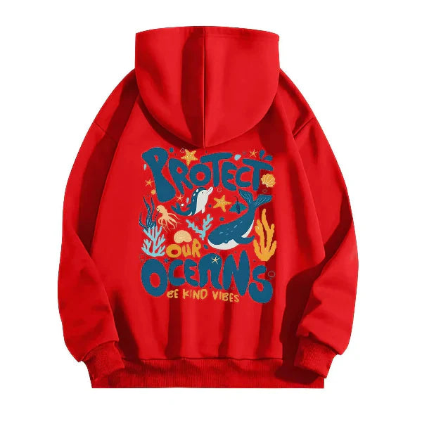 Women's oversized hoodie cotton-feel sweatshirt with marine graphic back print, casual coastal street style