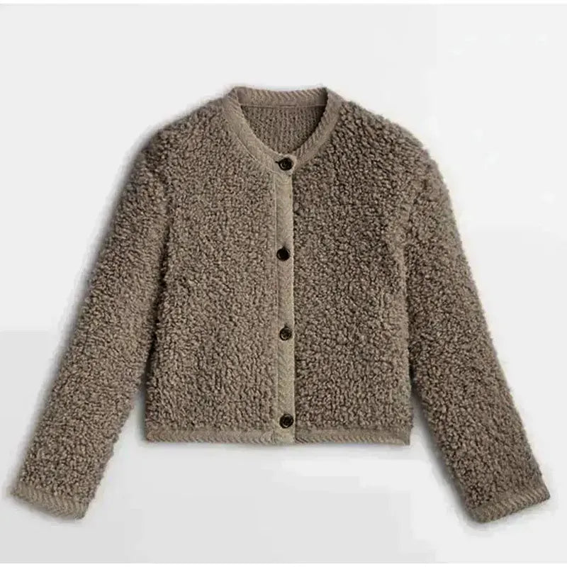 Women's beige teddy jacket relaxed fit with soft plush texture, round neck and button closure