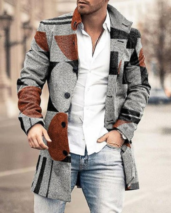 Men's mid-length checkered wool coat tailored fit button closure warm elegant silhouette
