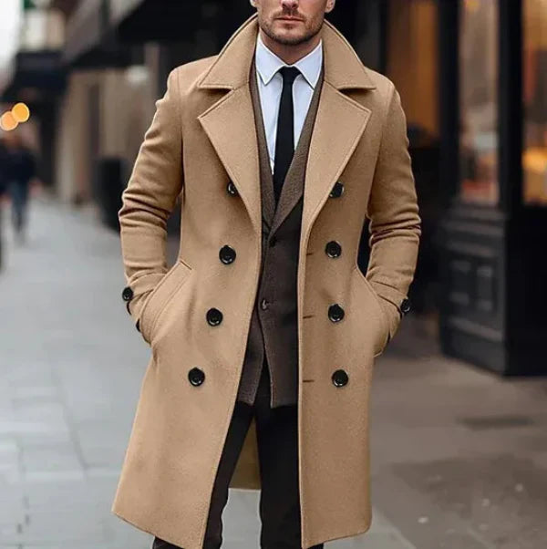 Men's charcoal wool blend double-breasted overcoat tailored fit knee-length classic formal style