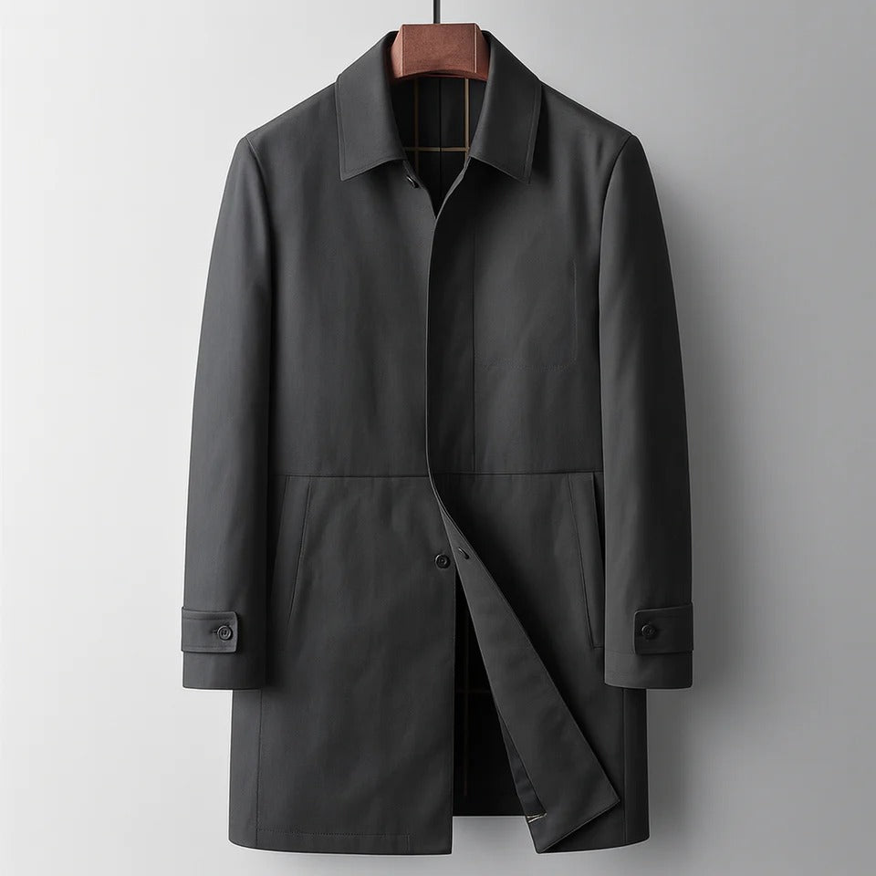 Lightweight beige trench coat windbreaker with classic silhouette and clean versatile layering design