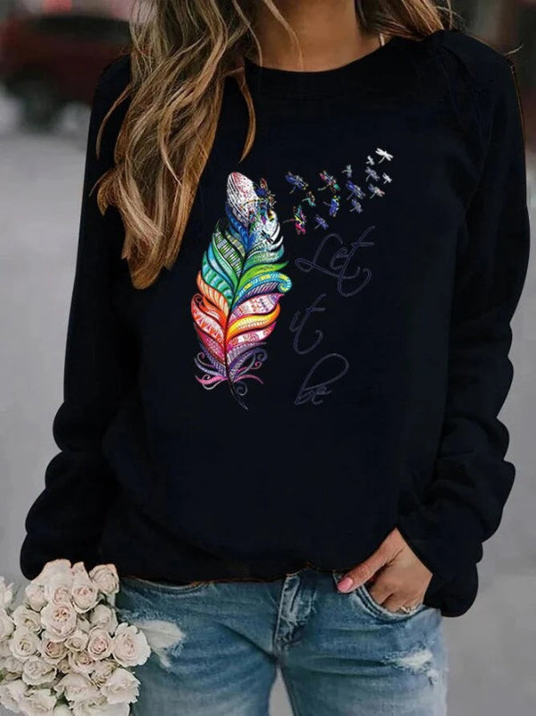 Women's relaxed fit cotton-feel knit pullover in neutral tones with delicate all-over feather print