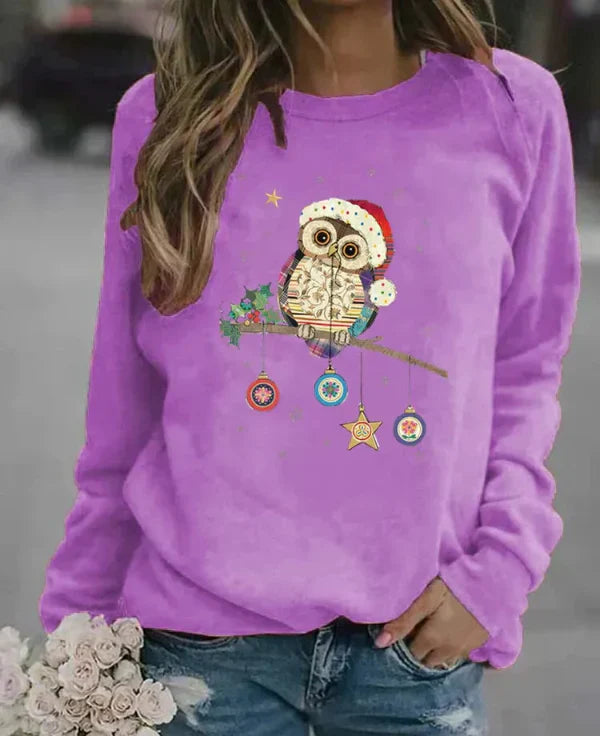 Women's relaxed fit cotton blend crew neck sweatshirt with festive owl print for cozy autumn style