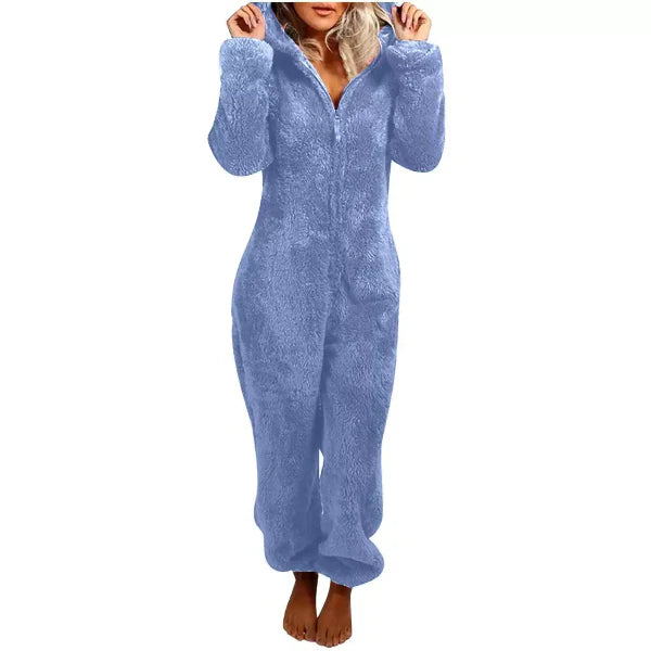 Women's plush hooded jumpsuit relaxed fit full-length cozy loungewear with front zipper