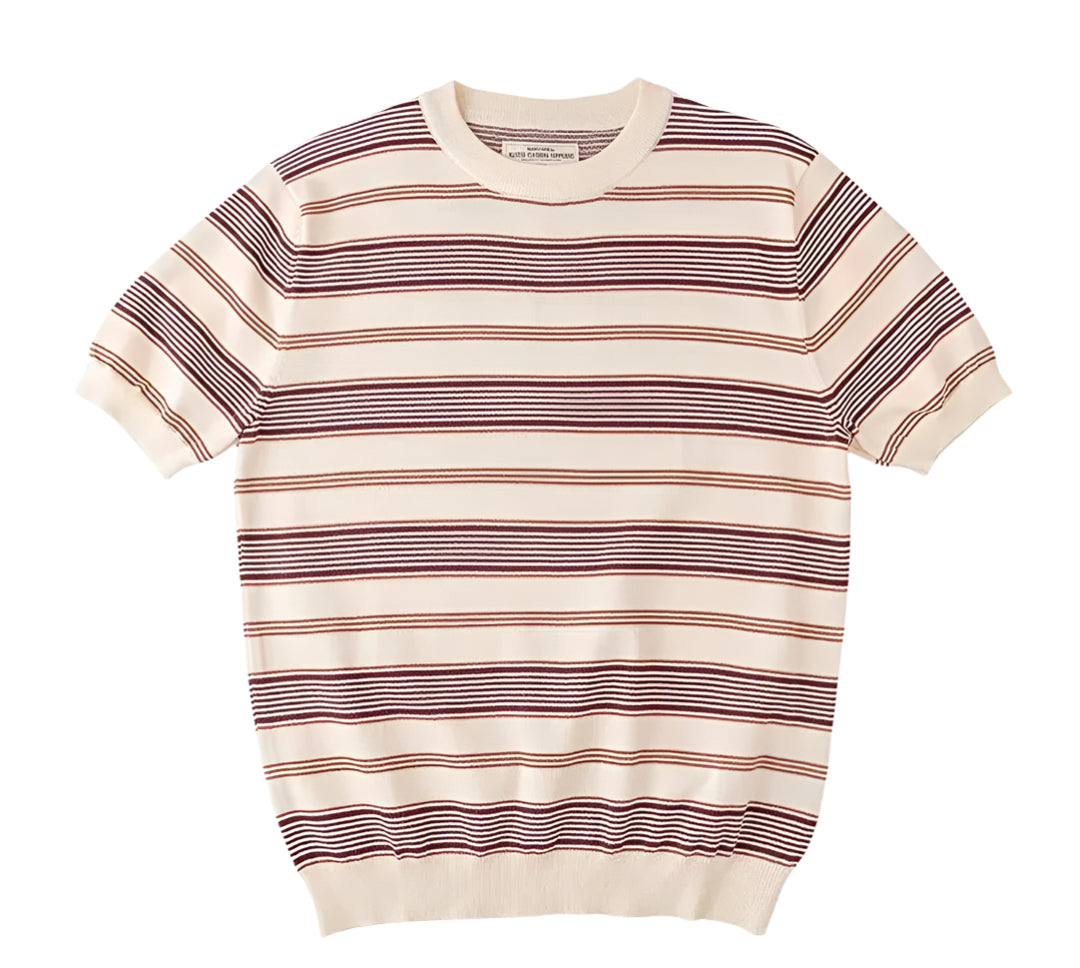 Men's retro stripe knit tee relaxed fit elasticated hem cotton-poly ribbed collar multicolor