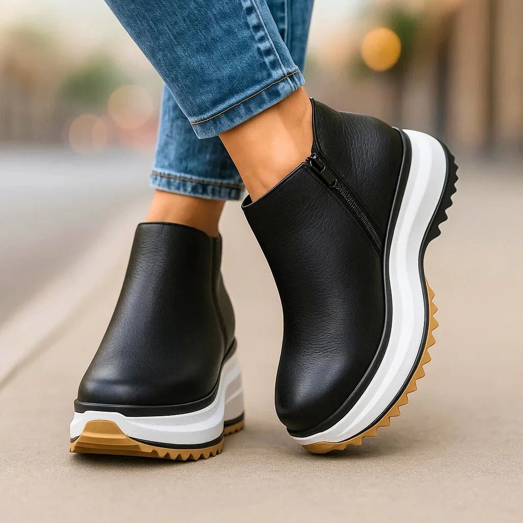 Women's black leather platform boots minimalist style chunky sole premium full-grain comfort height