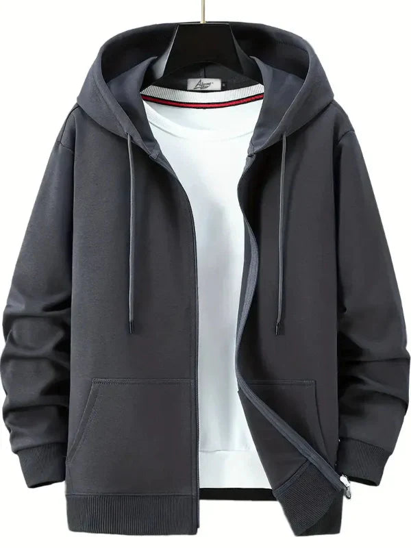 Men's gray zip-up hoodie relaxed fit soft cotton blend with drawstring hood casual style
