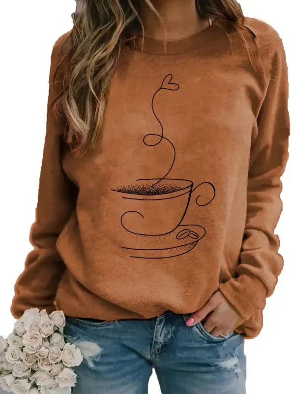 Women's relaxed fit crew neck cotton blend sweatshirt with coffee cup graphic print