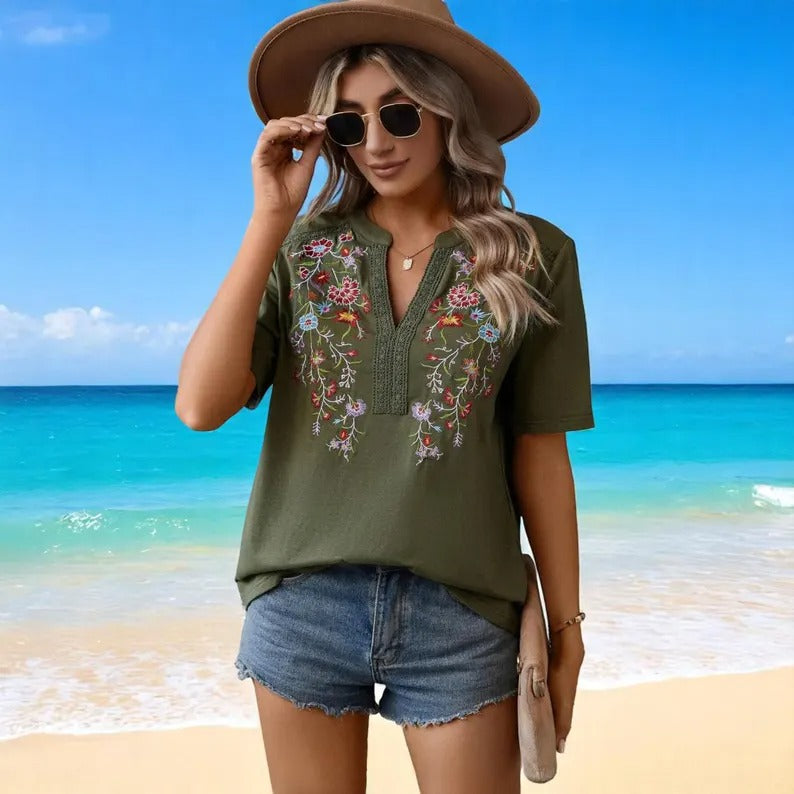 Boho floral embroidered women's blouse, V-neck relaxed fit, breathable cotton-like fabric