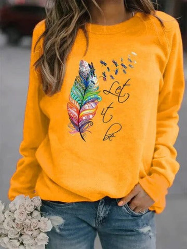 Women's relaxed-fit cotton-feel knit pullover in neutral tones with delicate feather print detail