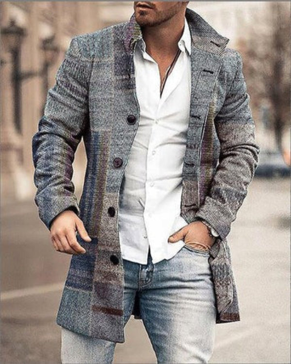 Men's mid-length checkered wool coat tailored fit button closure warm elegant silhouette