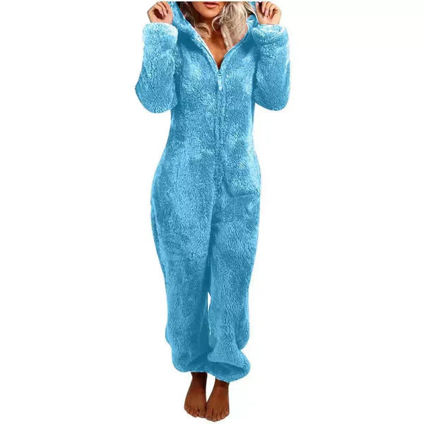 Women's plush hooded jumpsuit relaxed full-length fit with front zipper cozy loungewear