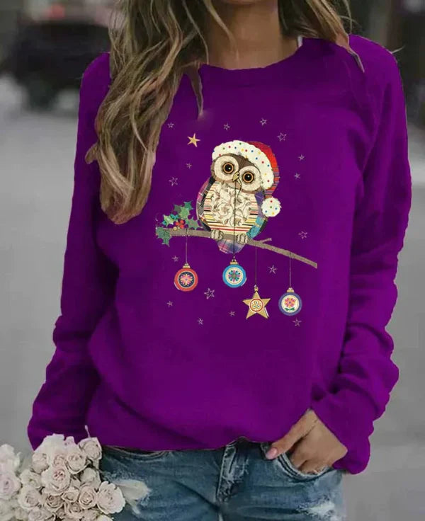 Women's Christmas sweatshirt relaxed fit soft cotton blend with charming owl motif festive cozy style