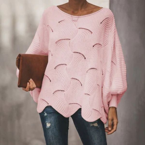 Women's wool blend knit sweater relaxed fit batwing sleeves scalloped hem cozy layering essential