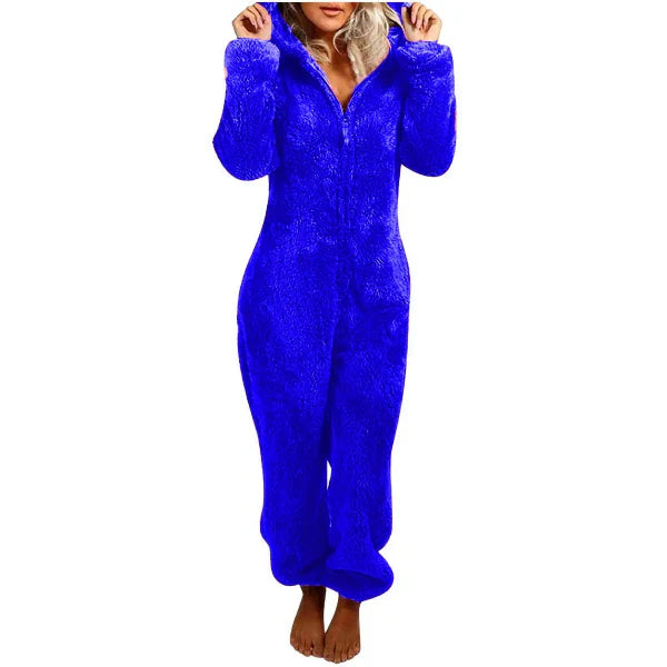 Women's plush hooded jumpsuit relaxed full-length fit with front zipper cozy loungewear