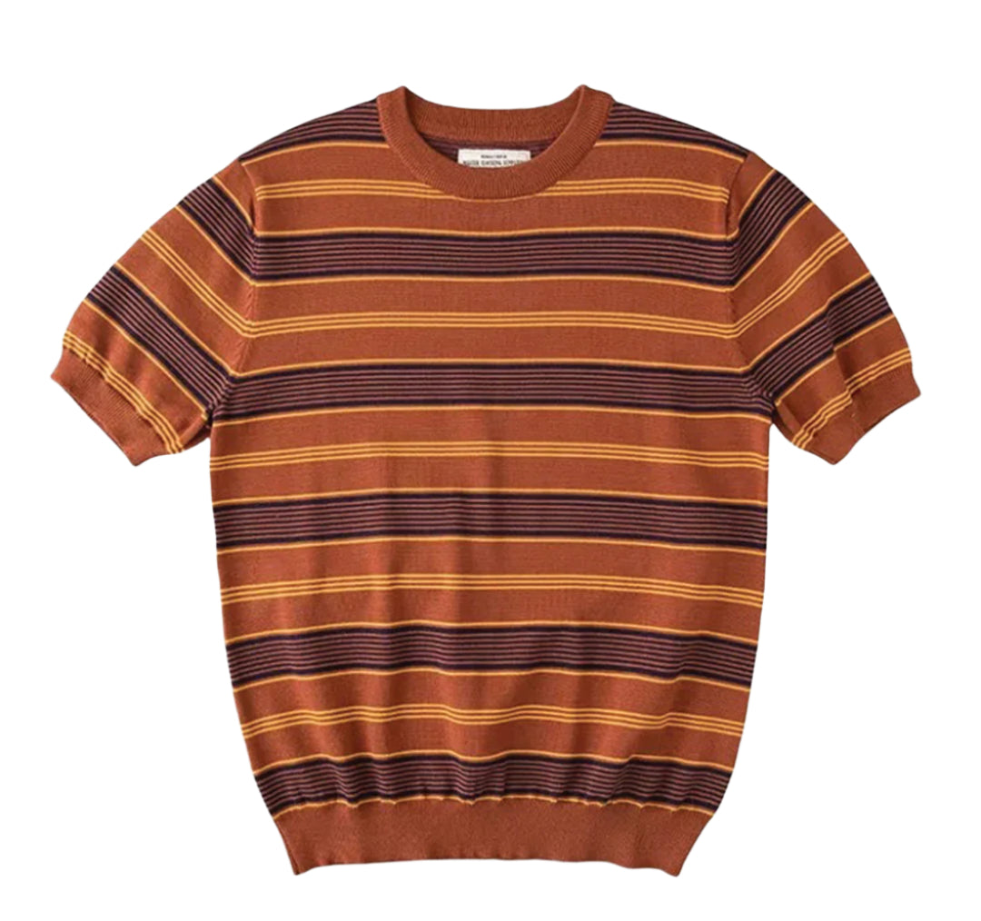 Men's retro stripe knit tee multi-color horizontal stripes relaxed fit elasticated ribbed hem