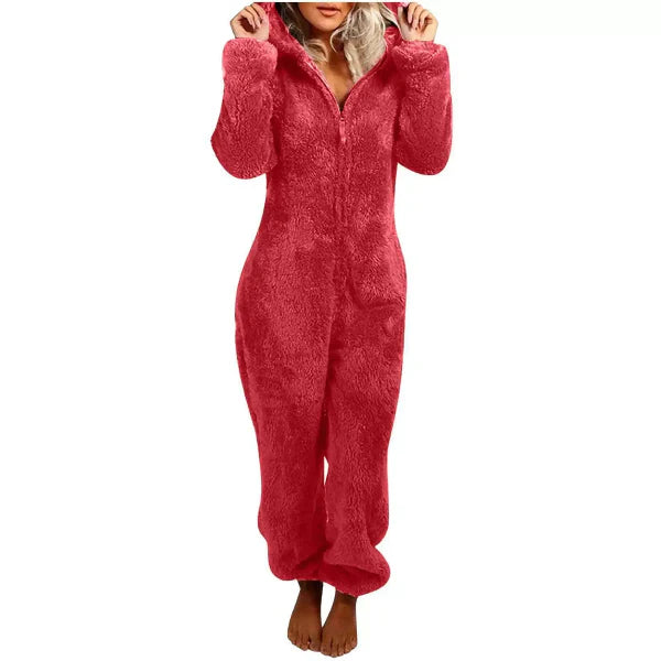 Women's plush hooded jumpsuit relaxed full-length fit with front zipper cozy loungewear