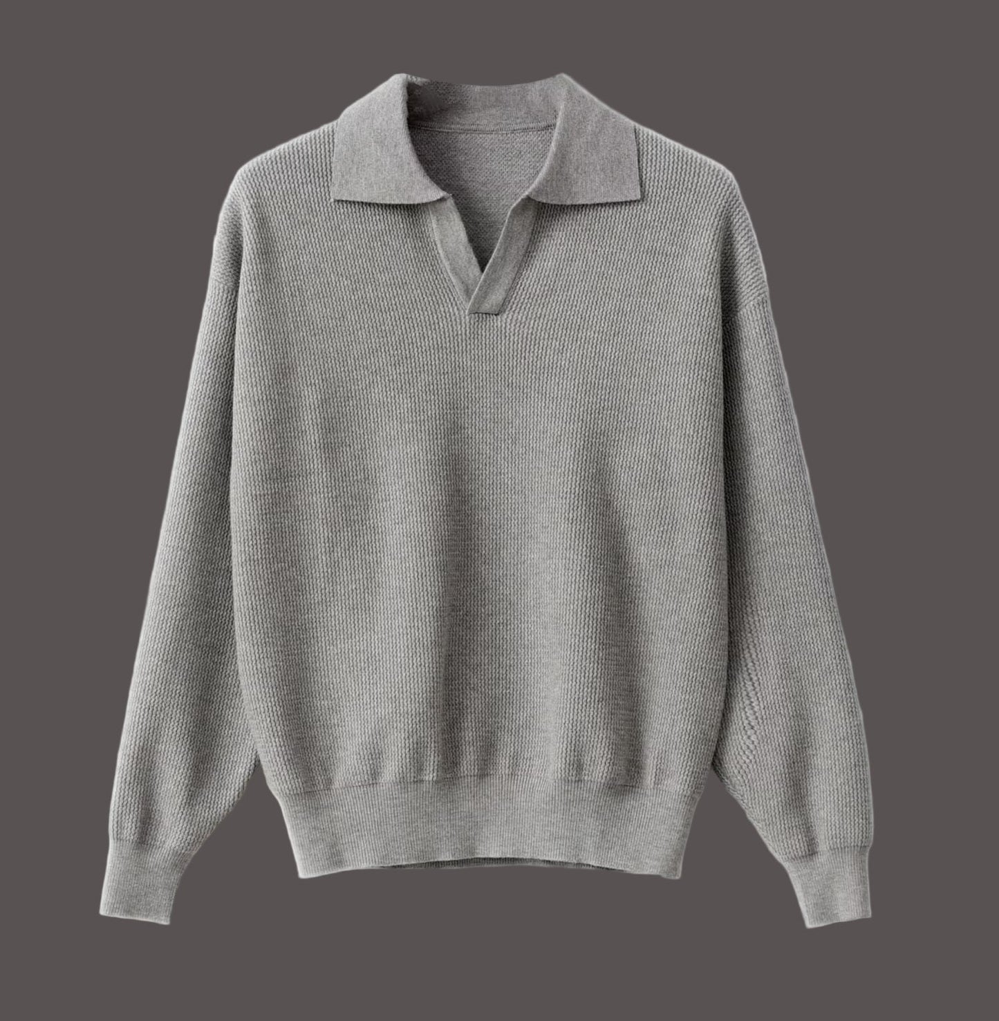Men's knit sweater spread polo collar relaxed drop-shoulder silhouette versatile fall layering piece