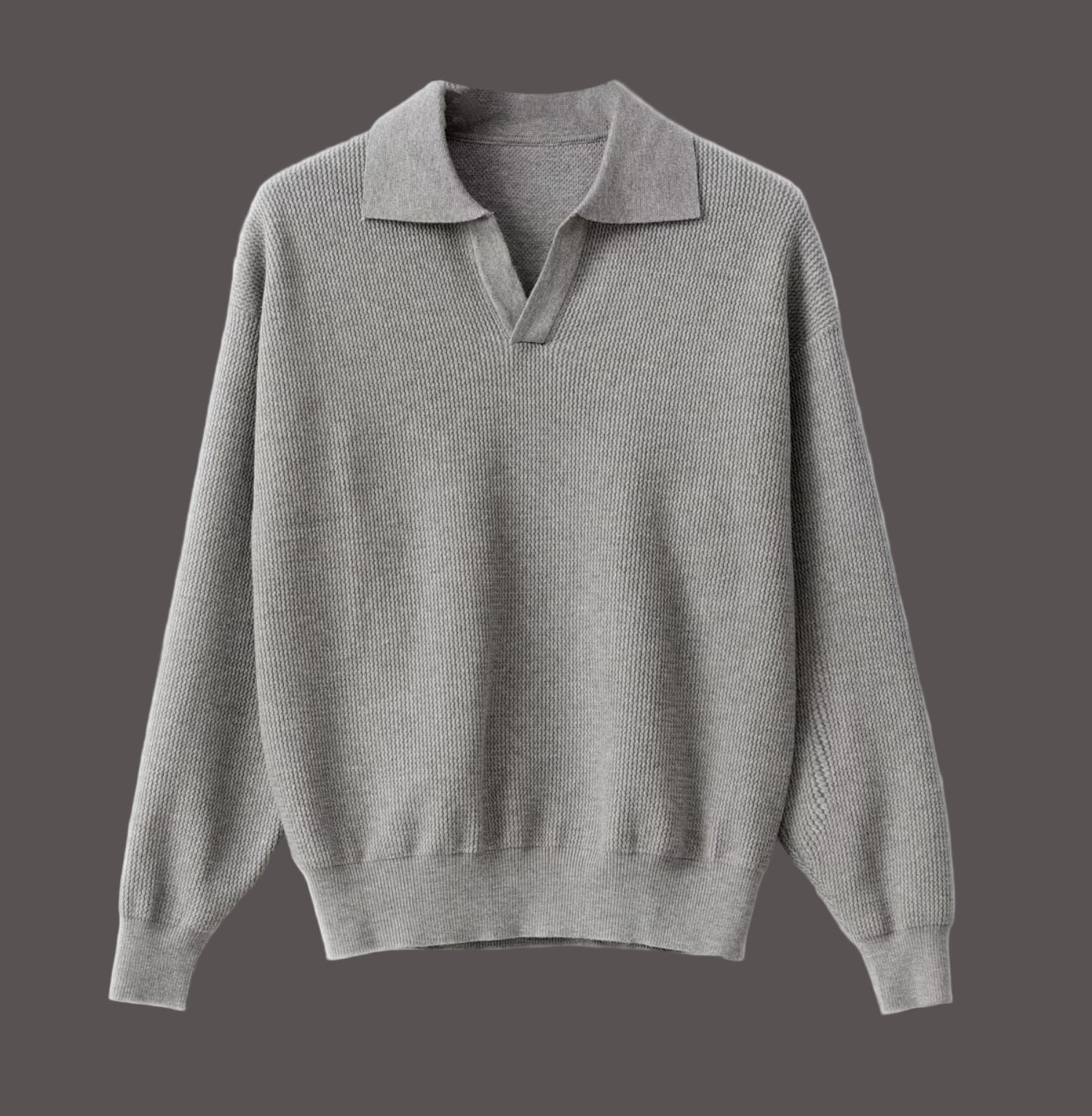 Men's knit sweater spread polo collar relaxed drop-shoulder silhouette versatile fall layering piece