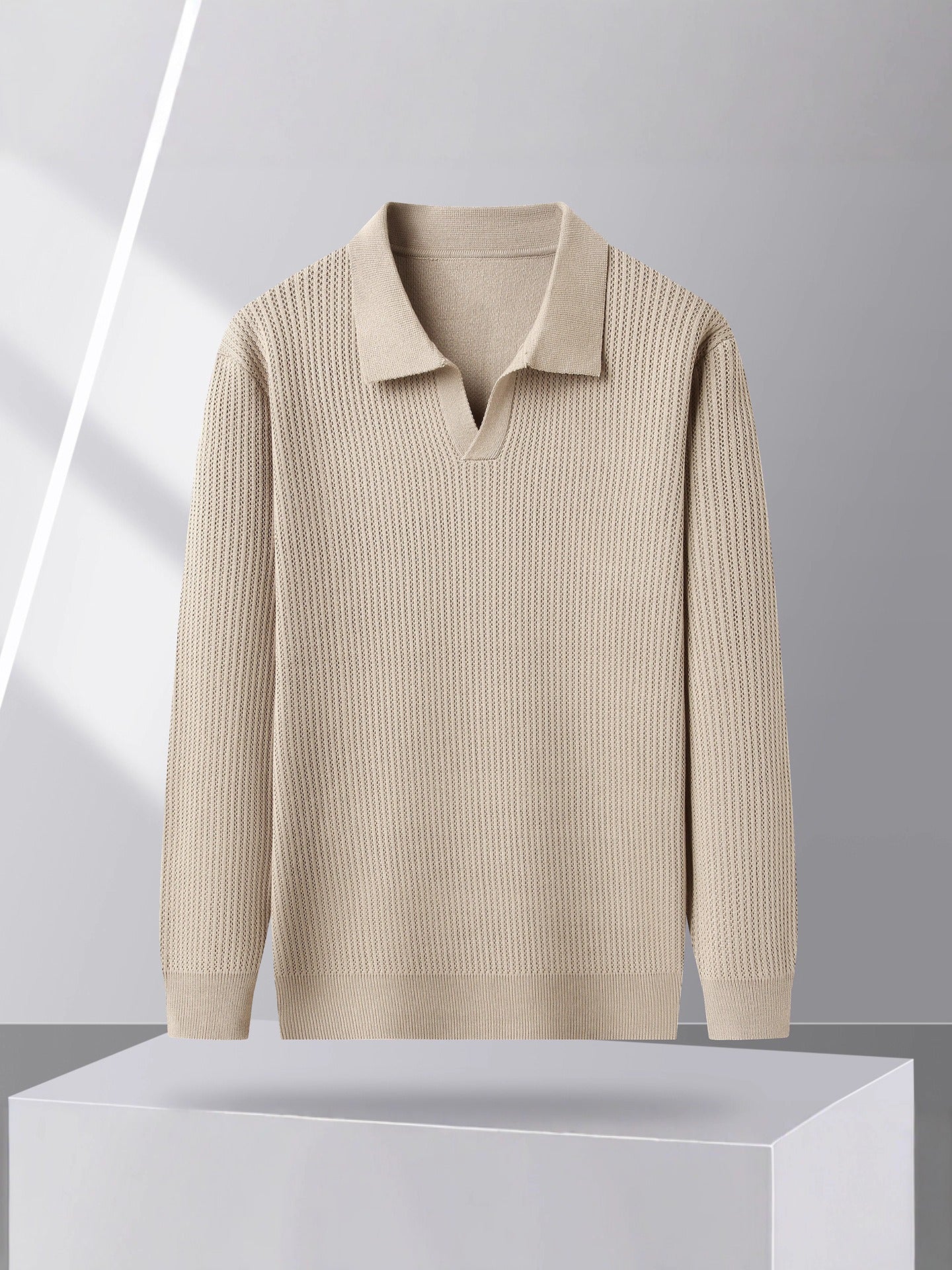 Men's knit sweater spread polo collar relaxed drop-shoulder silhouette versatile fall layering piece