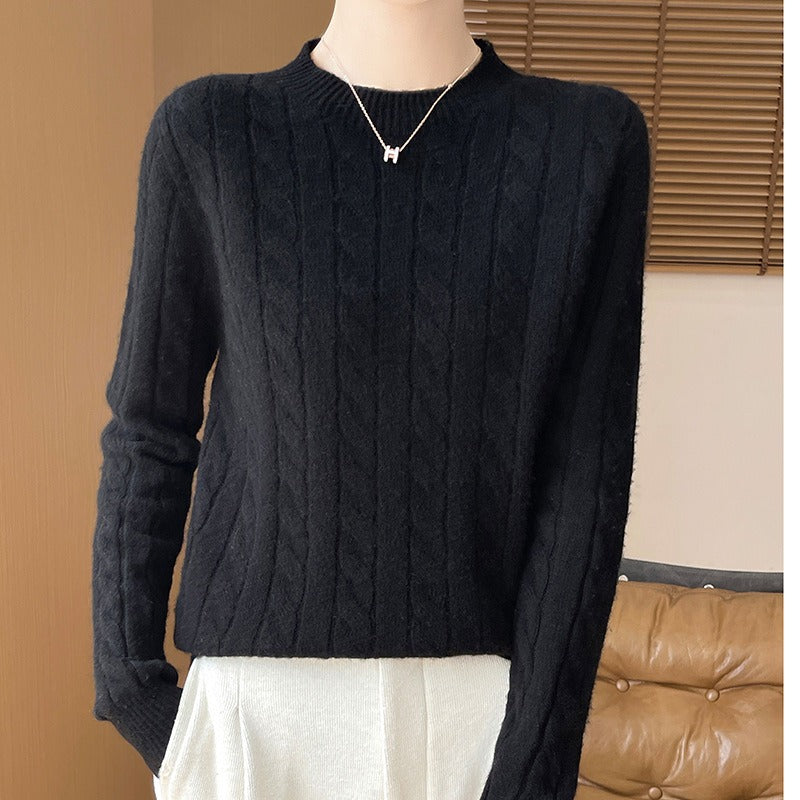 Women's wool cable knit pullover sweater relaxed fit long sleeve cozy autumn winter style