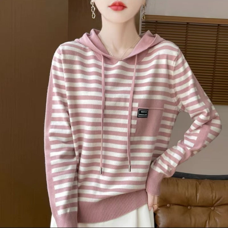 Women's relaxed-fit striped cotton blend knit hoodie sweater in cozy everyday casual style
