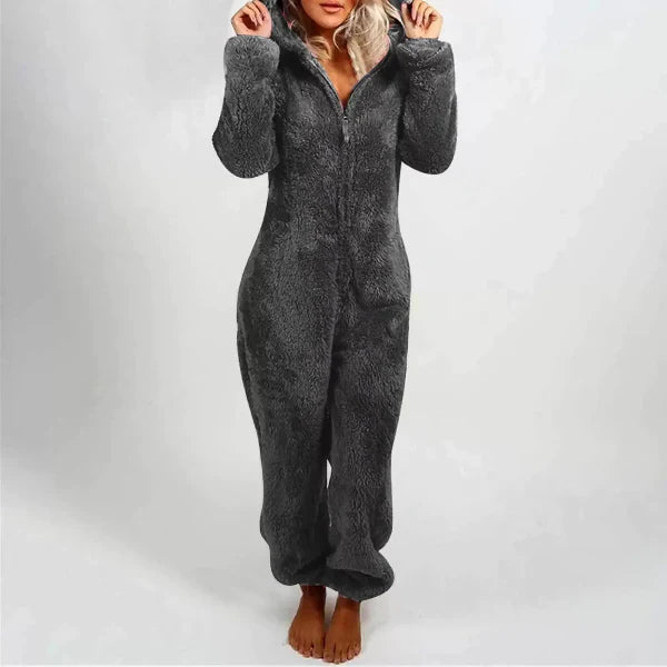 Women's plush hooded jumpsuit relaxed fit full-length with front zipper cozy loungewear