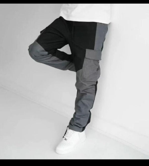 Men patchwork cargo pants loose fit tapered cut multi-tone utility pockets cotton blend streetwear