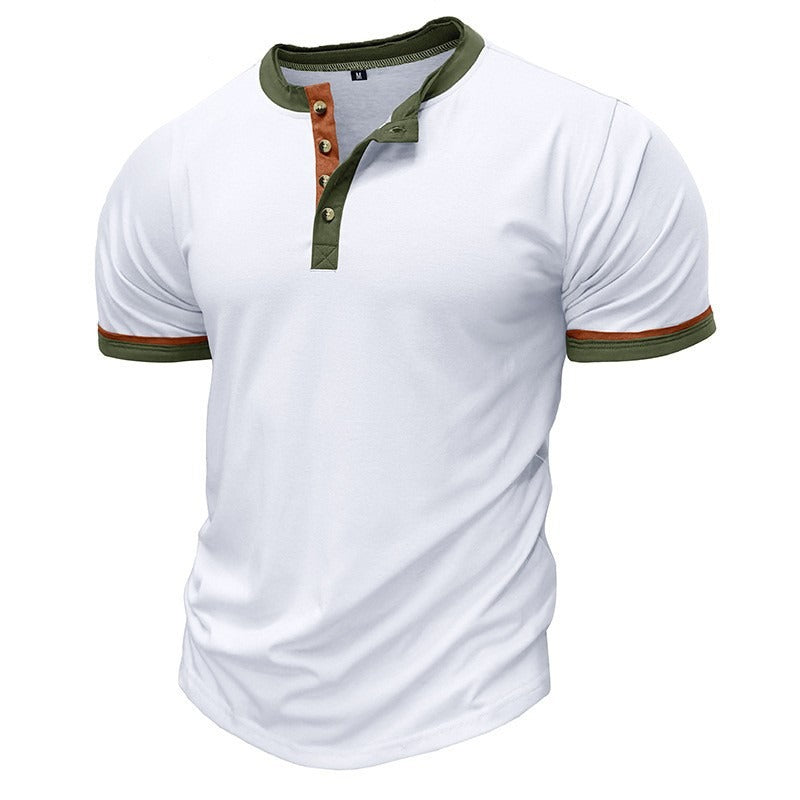 Men's regular fit short sleeve Henley T-shirt with contrast trim, breathable everyday casual tee