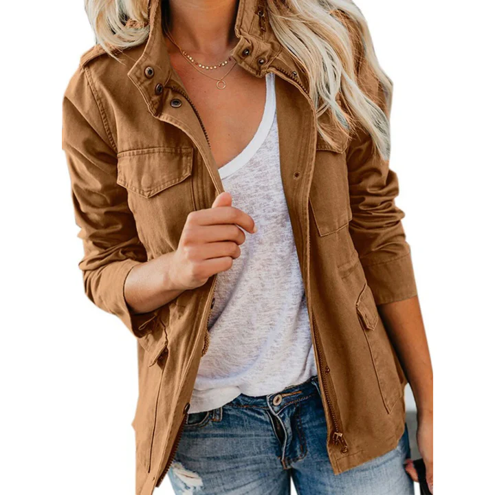 Women's relaxed fit utility jacket cotton blend zip front multi-pocket casual everyday style