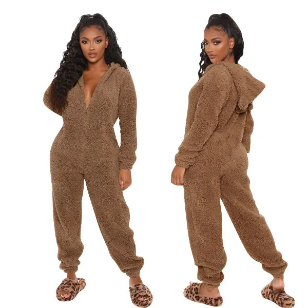 Women's plush hooded jumpsuit relaxed fit full-length cozy loungewear with front zipper