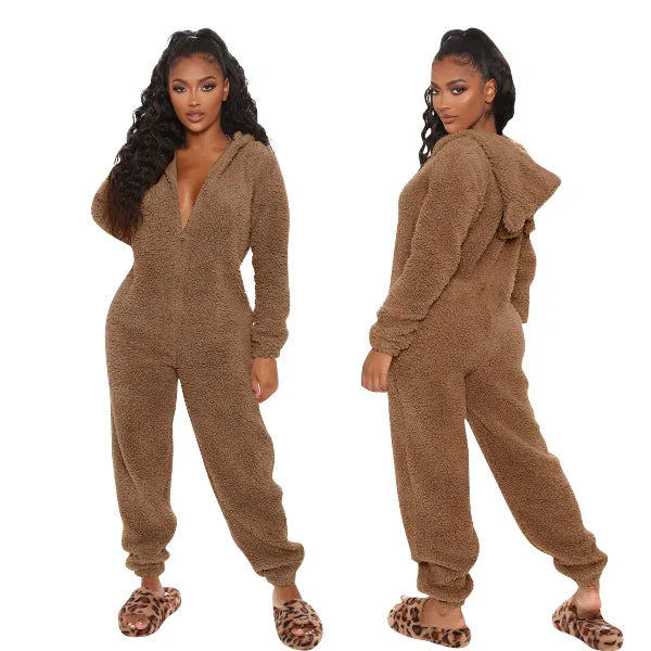 Women's plush fuzzy hooded onesie full-length cozy loungewear relaxed fit fleece sleepwear