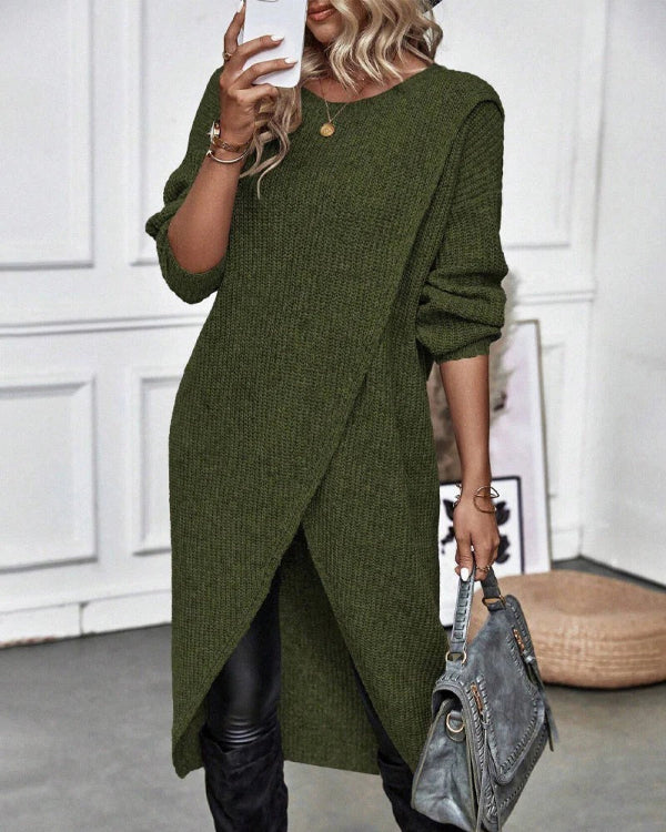 Women's oversized wool knit pullover in neutral tones with asymmetrical wrap and ribbed texture