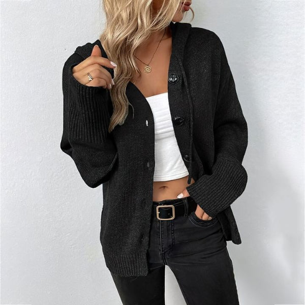 Women's wool blend hooded knit cardigan relaxed fit button front cozy everyday layering piece
