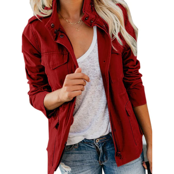 Women's relaxed-fit utility jacket cotton blend zip front multi-pocket casual outerwear
