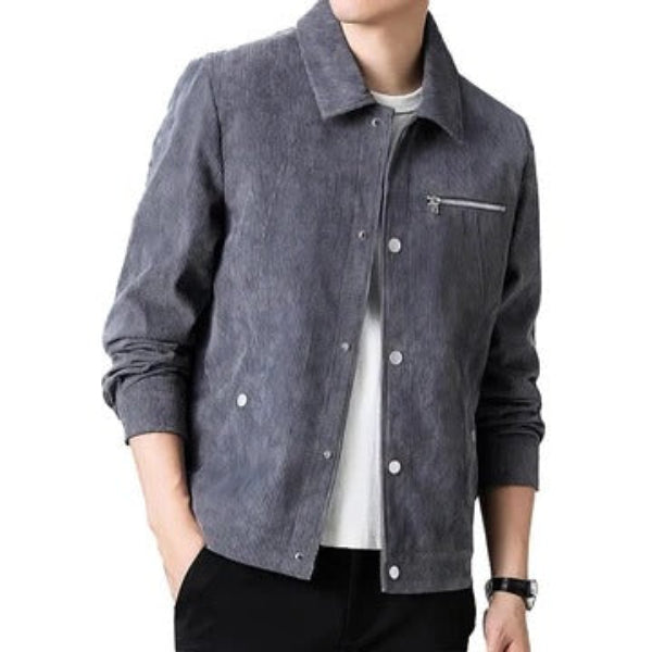 Men's brown corduroy regular fit jacket with zipper pocket and button closure casual style