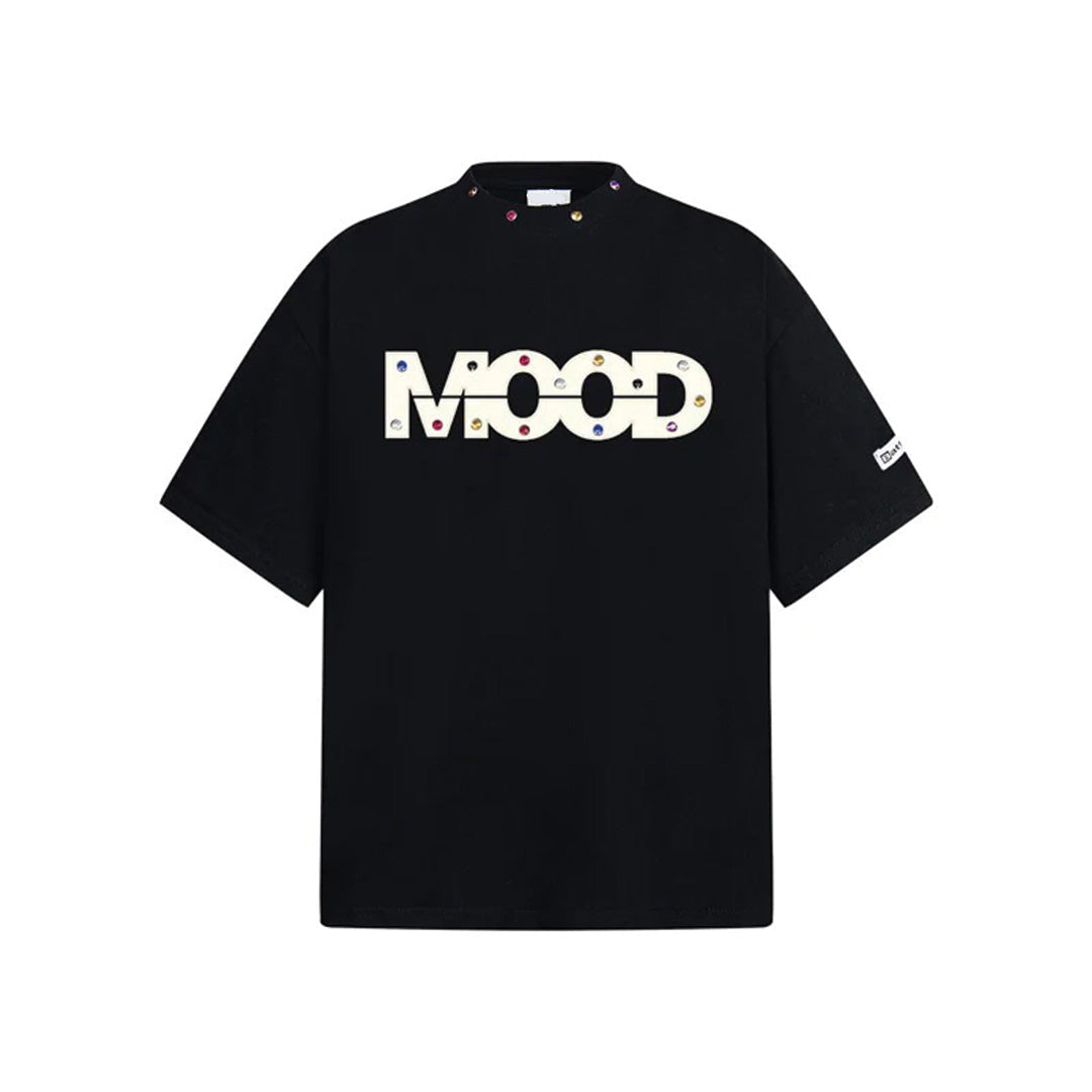 White premium cotton graphic tee with hand-applied gemstone MOOD lettering for bold streetwear style