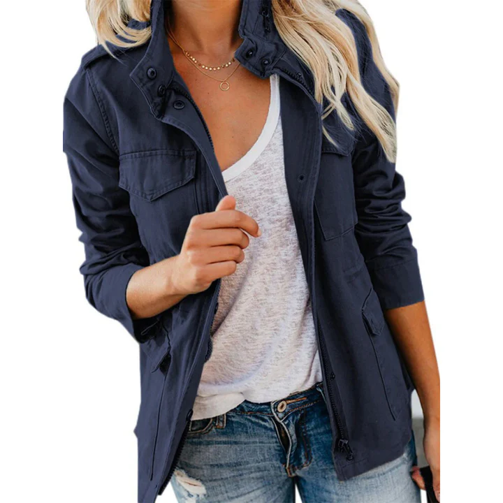 Women's relaxed-fit utility jacket cotton blend zip front button placket multi-pocket casual style