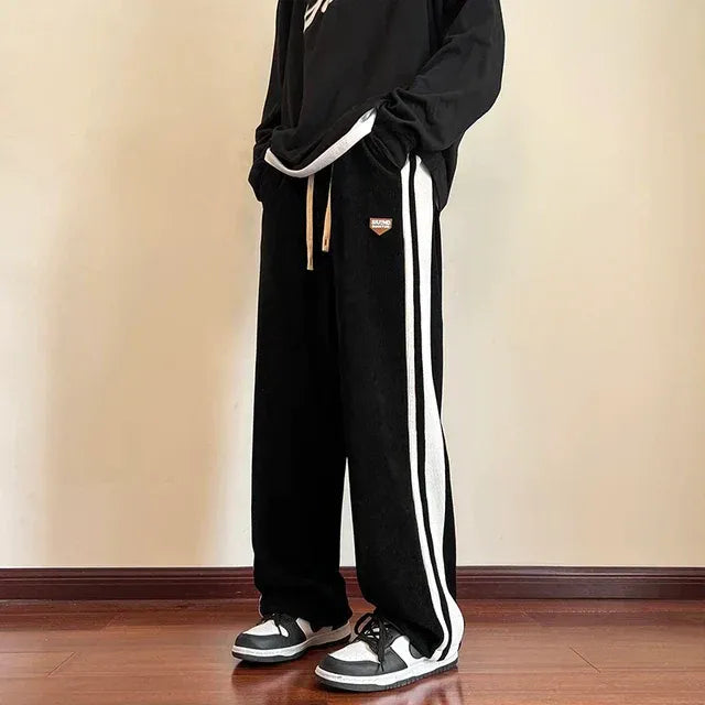 Men's gray fleece sweatpants baggy fit adjustable waist sporty side stripes casual comfort