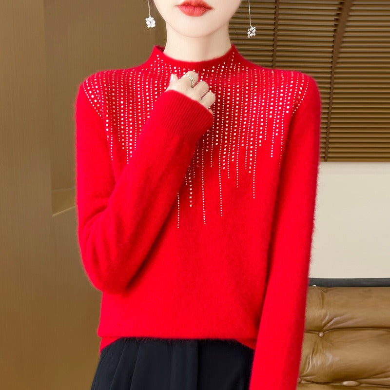 Women's loose fit wool knit sweater high neck embellished diamond pattern cozy fall top