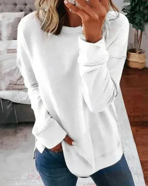 Women's relaxed fit crew neck sweatshirt soft cotton blend with ribbed hem in neutral tone