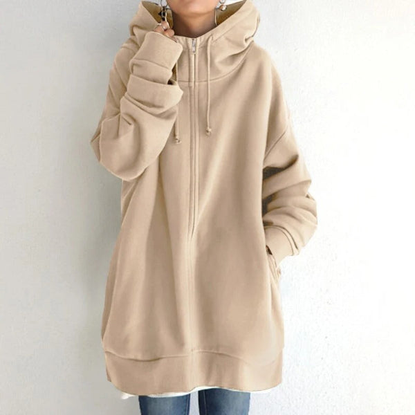 Women's oversized fleece zip-up hoodie in neutral tone, relaxed drapey silhouette for everyday comfort