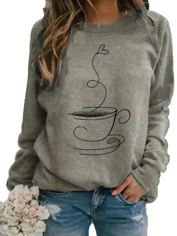 Women's relaxed fit cotton blend crew neck sweatshirt with coffee cup graphic, casual cozy style