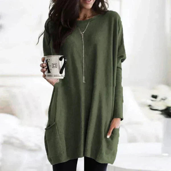 Women's oversized knit tunic pullover with dropped shoulders, side pockets, cozy everyday style