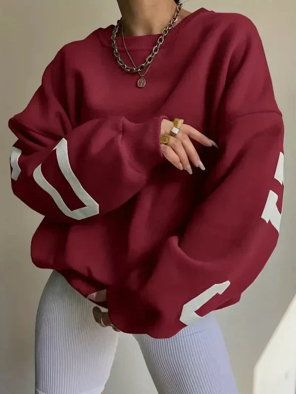 Women's oversized cotton blend sweatshirt with dropped shoulders and bold side print casual style