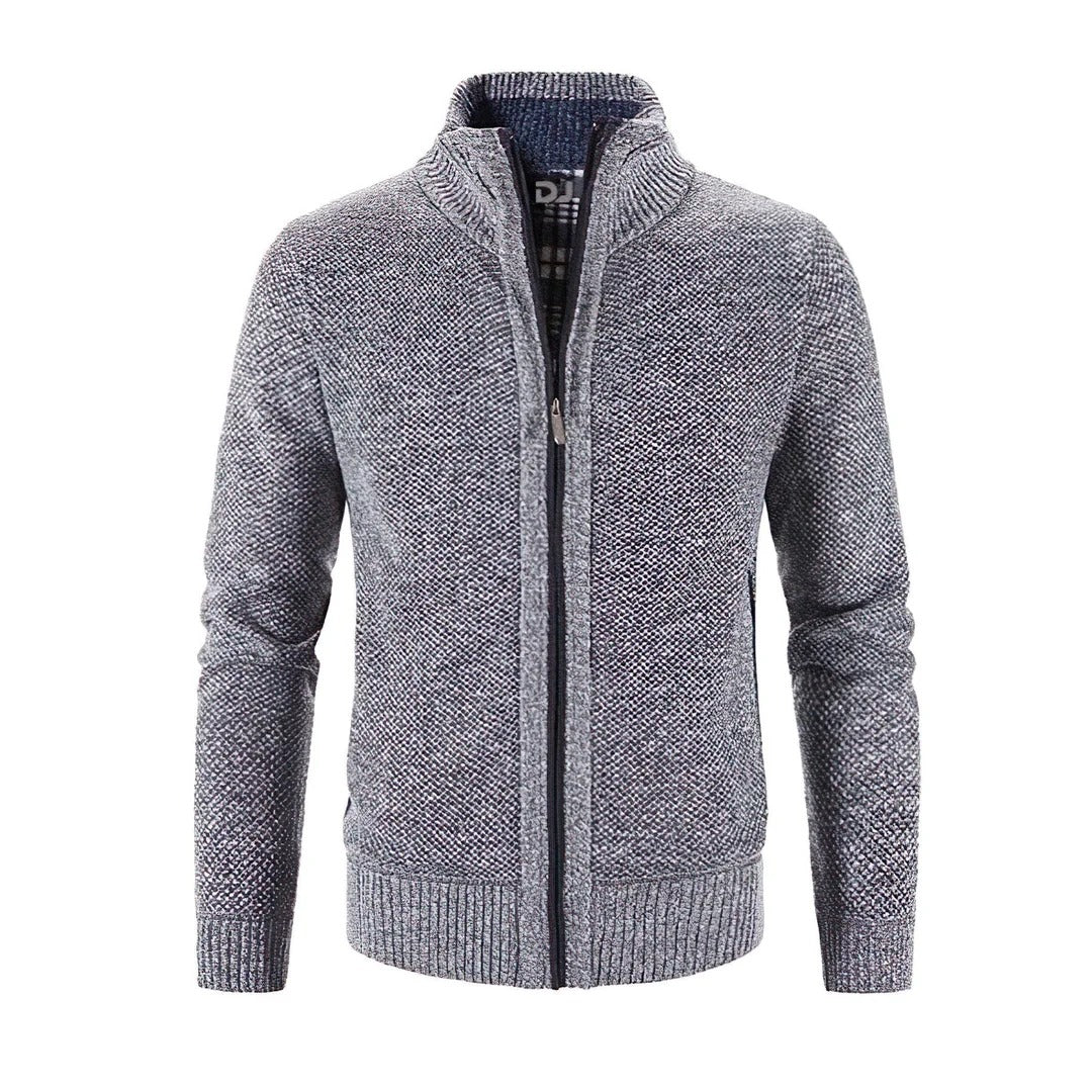 Men's slim fit wool knit zipper cardigan with ribbed edges and contrast detail in smart casual style