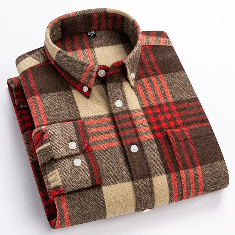 Men's bold plaid cotton shirt traditional collar button-front breathable everyday comfort fit