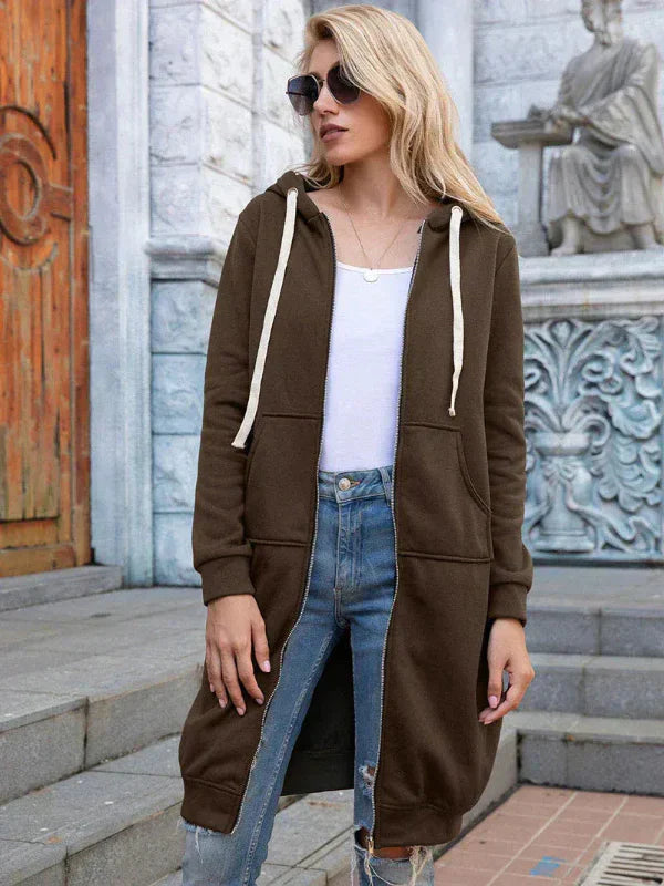 Women's oversized zip-front hoodie in soft cotton, long-length relaxed fit with full-zip closure